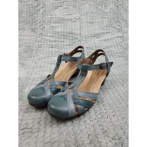 Rockport Cobb Hill T-Strap Sandals Womens 6 Blue Leather Block Heel Slingback